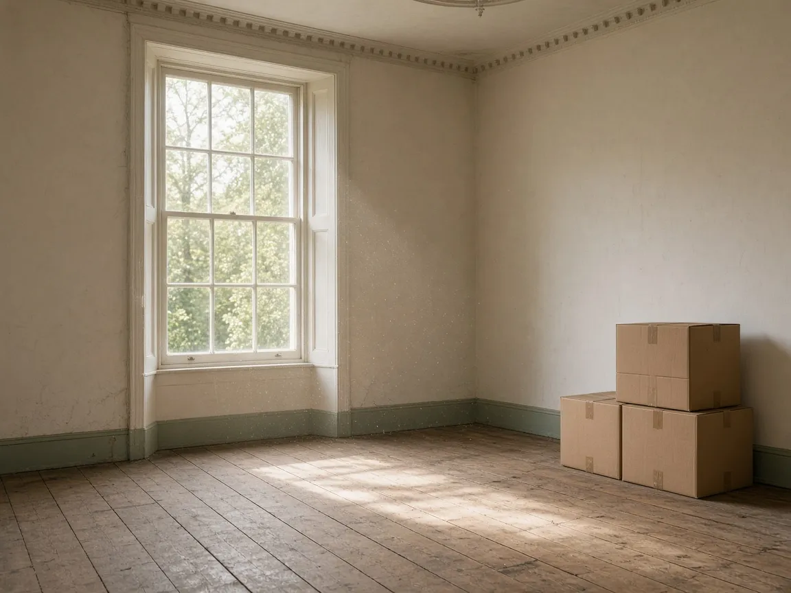 A recently emptied sitting room with a few stacked boxes beside a sash window