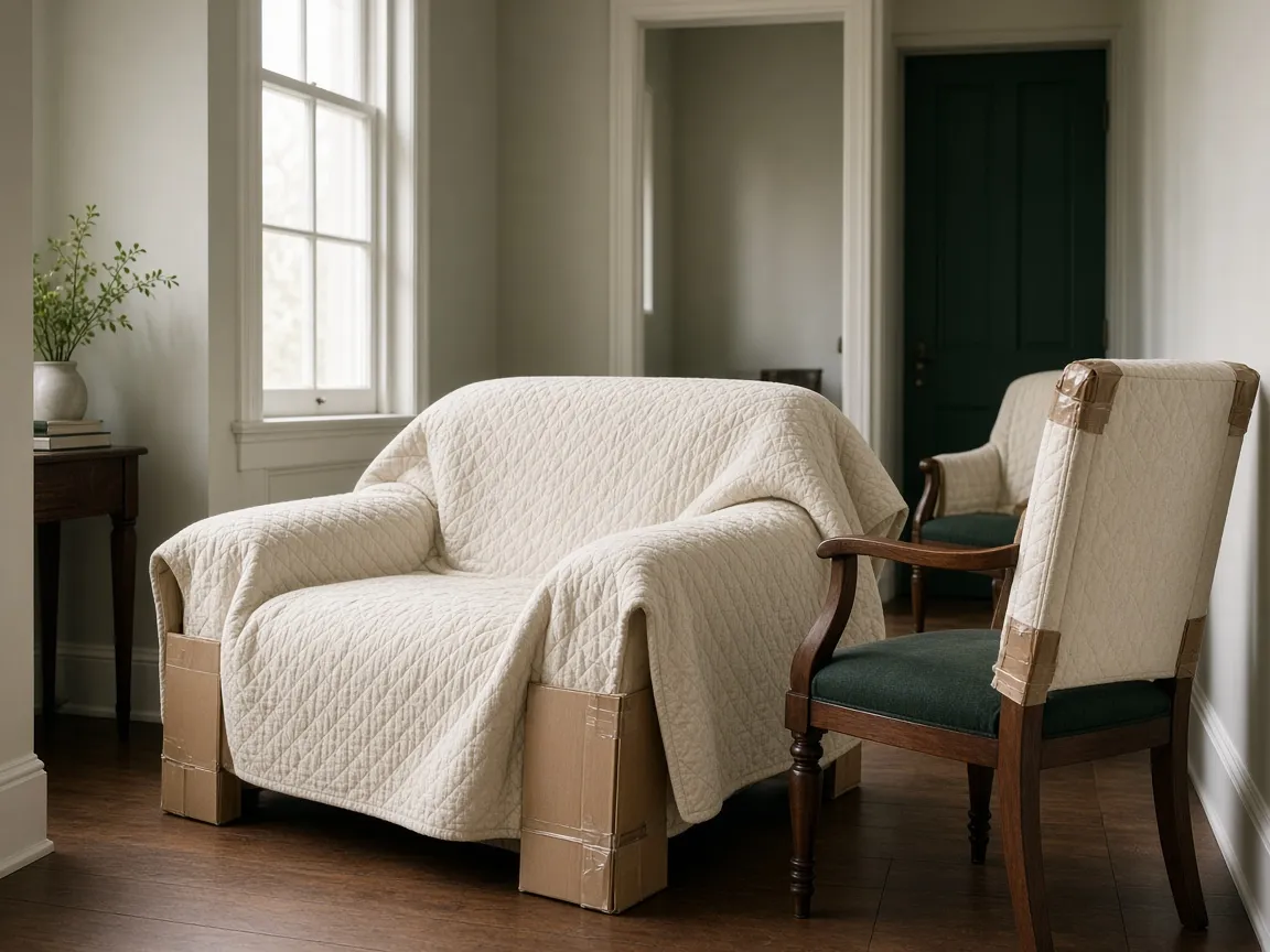 Furniture wrapped in moving blankets in a hallway before loading
